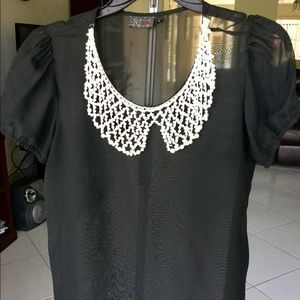 Black Sheer Blouse with Pearl Collar